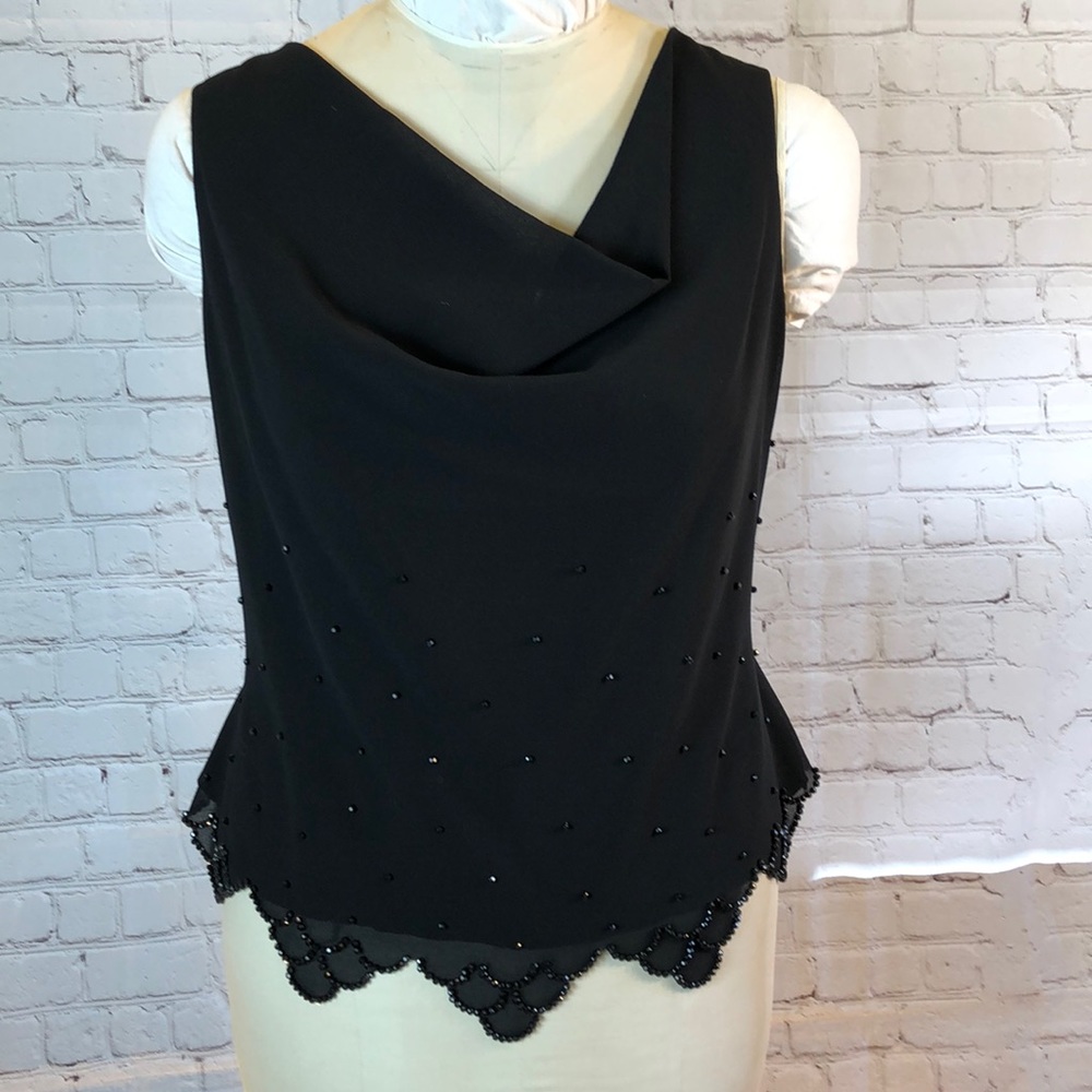JR Nites Sleeveless Black Sheer Lined Beaded Blouse Top Scalloped Hem Size 16